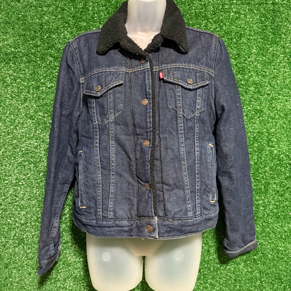 Levi's Dark Wash Denim Sherpa Lined Trucker Jacket Black Lining Small